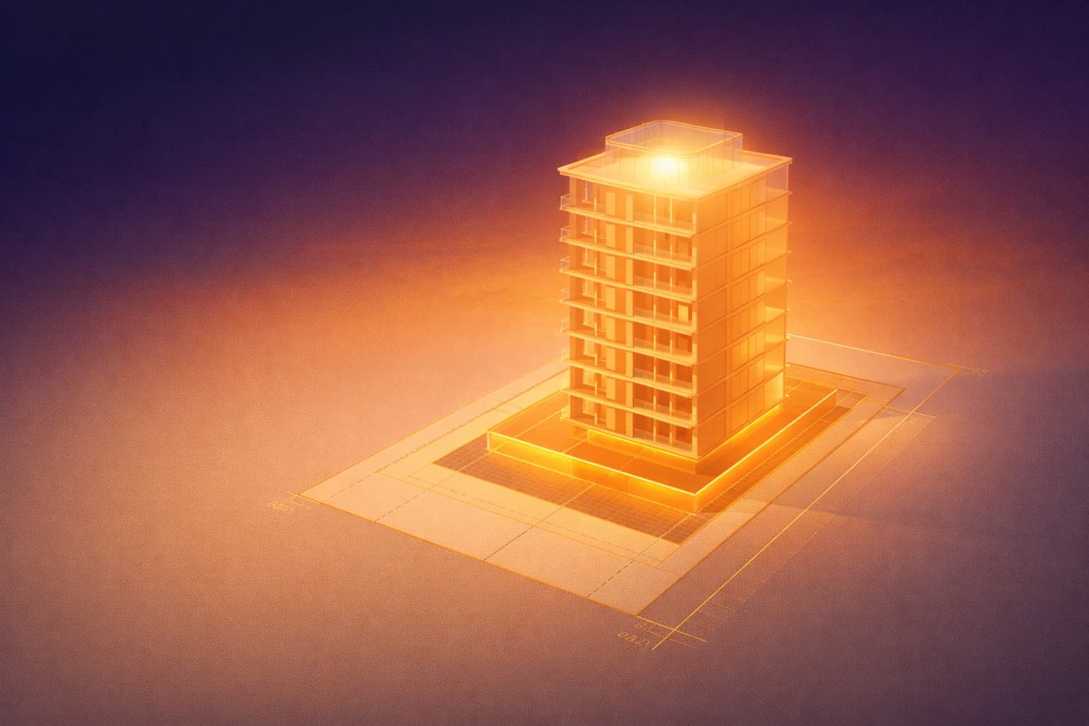 Isometric amber mid-rise building glowing on a plot with setback grid lines