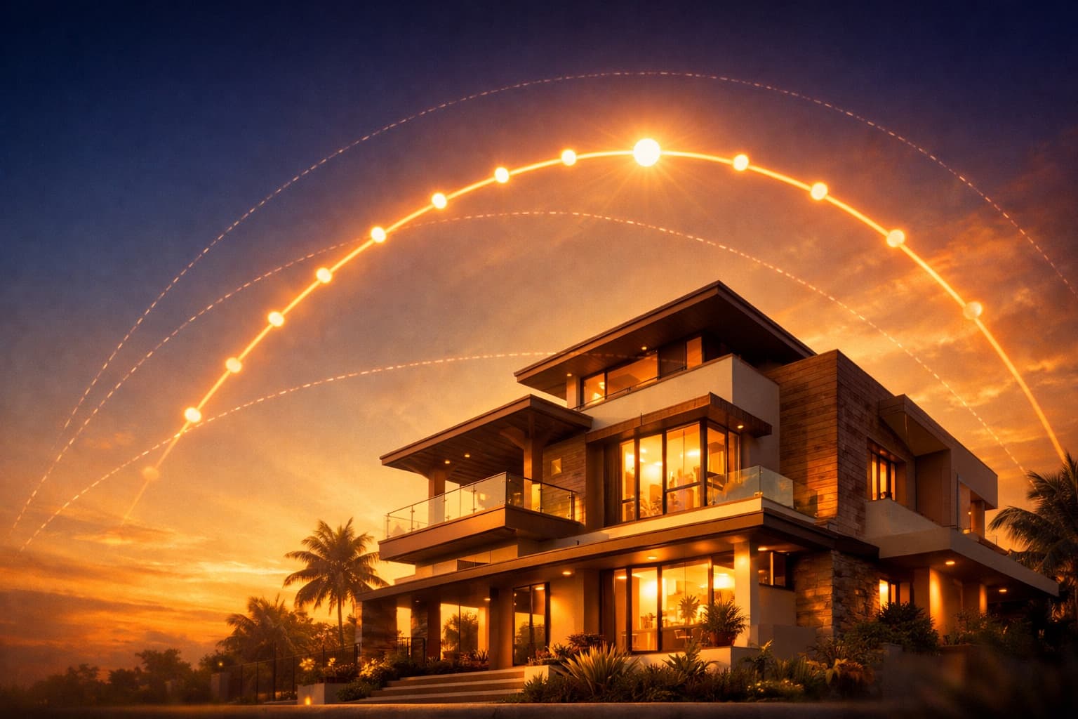 Modern home at golden hour with a glowing sun path arc tracing across the sky