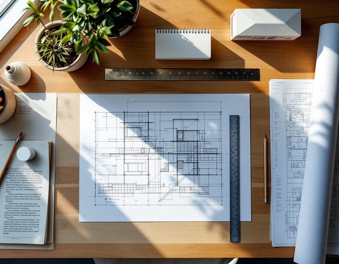 An architecture student's desk — drawing board, set square, scale rule and a card model