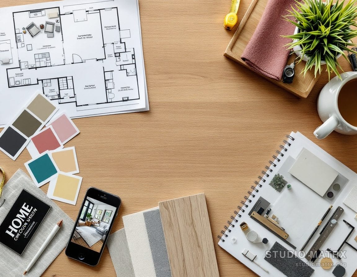 A home-renovation moodboard — floor plan, paint chips, tile and fabric swatches