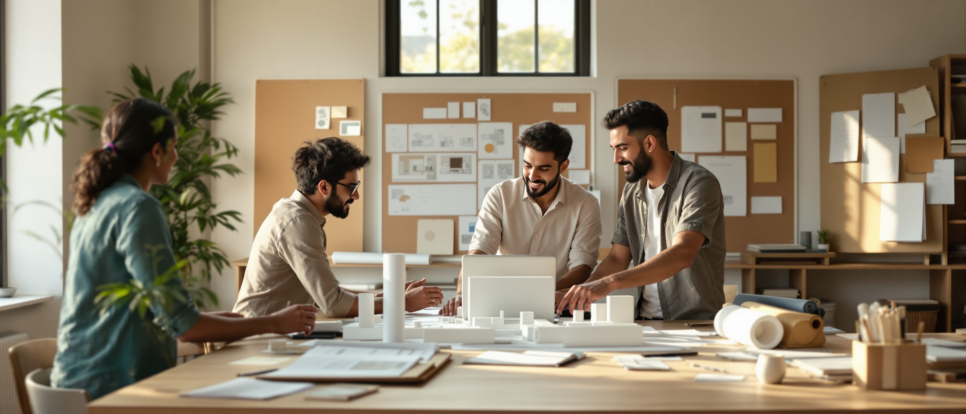 Indian architects reviewing drawings and a study model in a studio